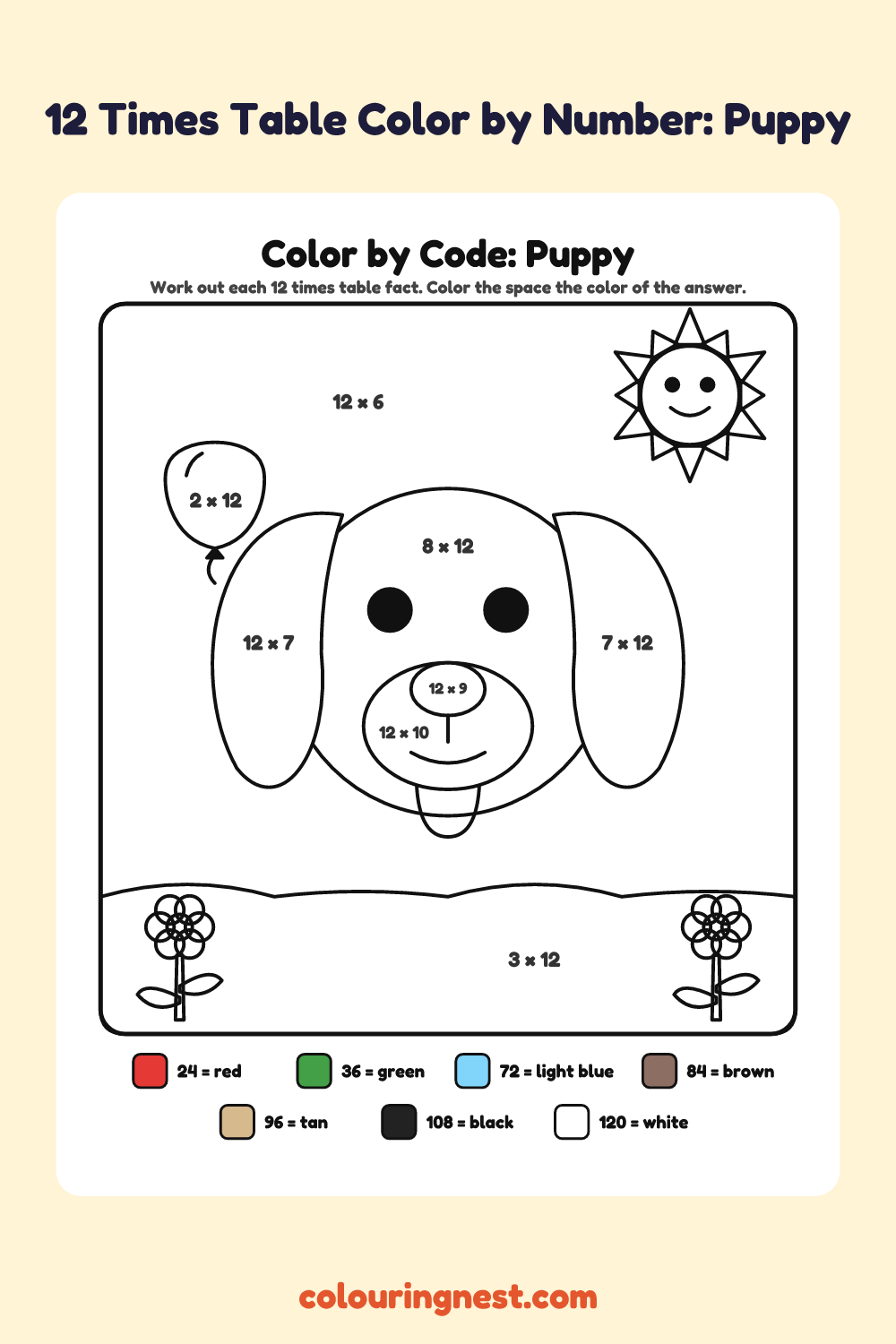 12 Times Table Color by Number: Puppy: a picture split into spaces, each labelled with a code, and a color key