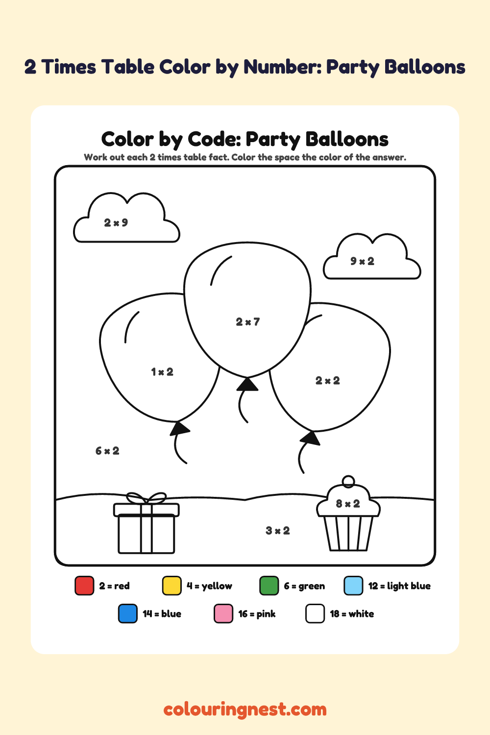 2 Times Table Color by Number: Party Balloons: a picture split into spaces, each labelled with a code, and a color key