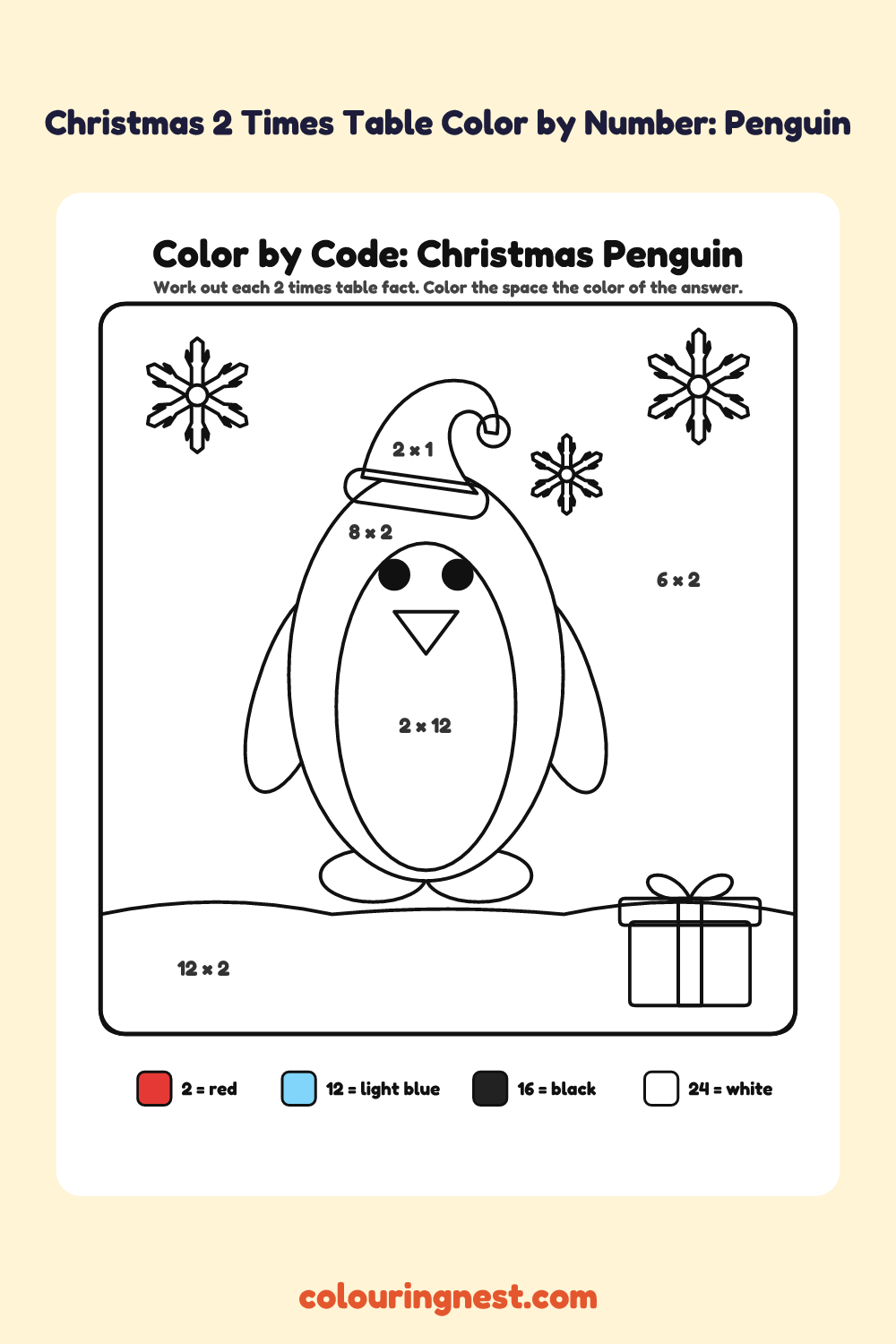 Christmas 2 Times Table Color by Number: Penguin: a picture split into spaces, each labelled with a code, and a color key