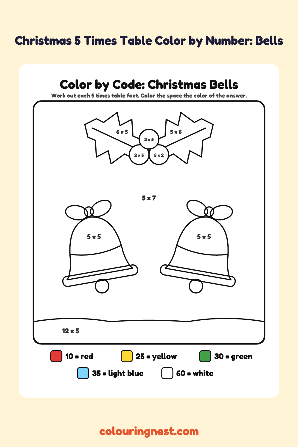 Christmas 5 Times Table Color by Number: Bells: a picture split into spaces, each labelled with a code, and a color key