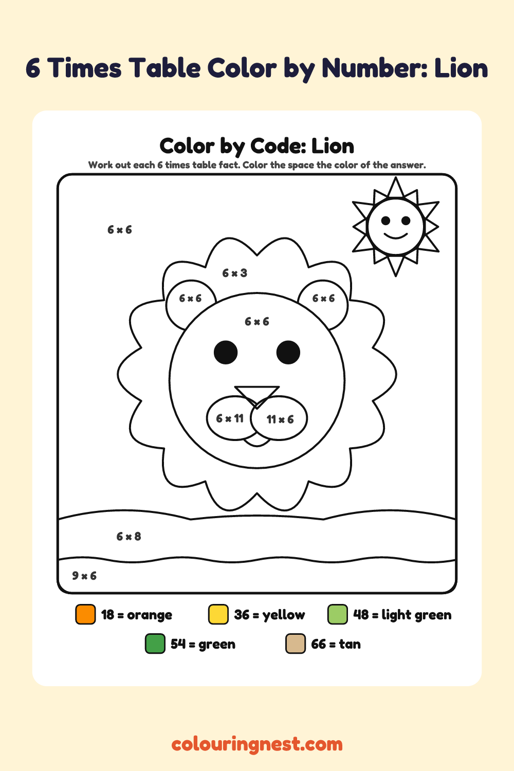 6 Times Table Color by Number: Lion: a picture split into spaces, each labelled with a code, and a color key