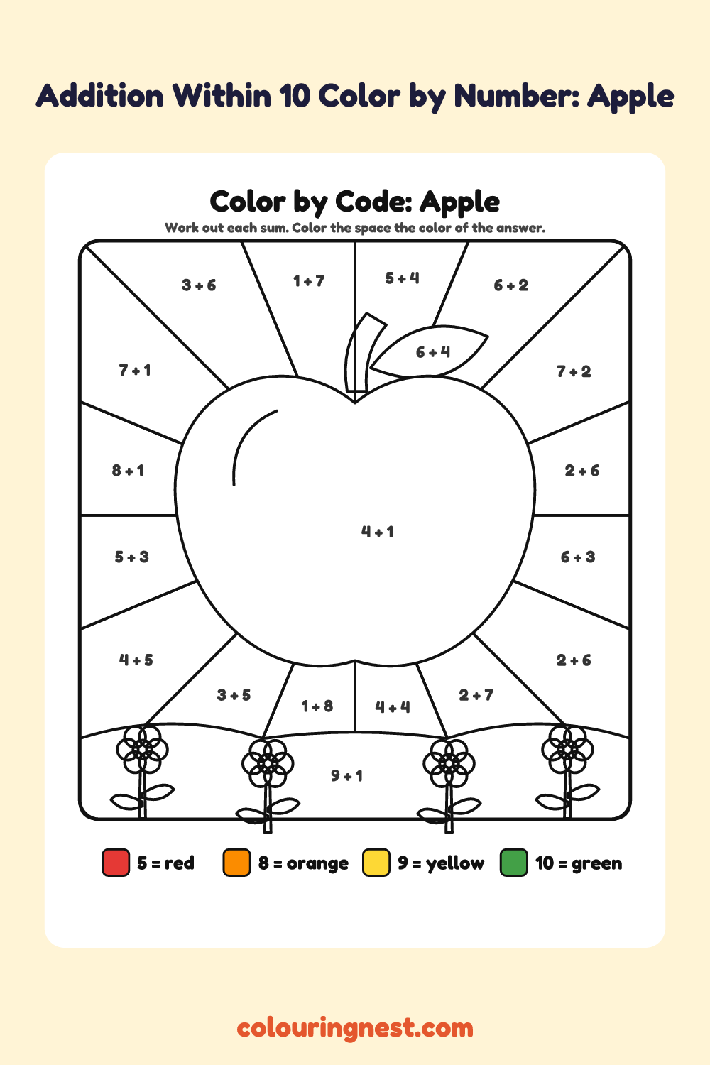 Addition Within 10 Color by Number: Apple: a picture split into spaces, each labelled with a code, and a color key