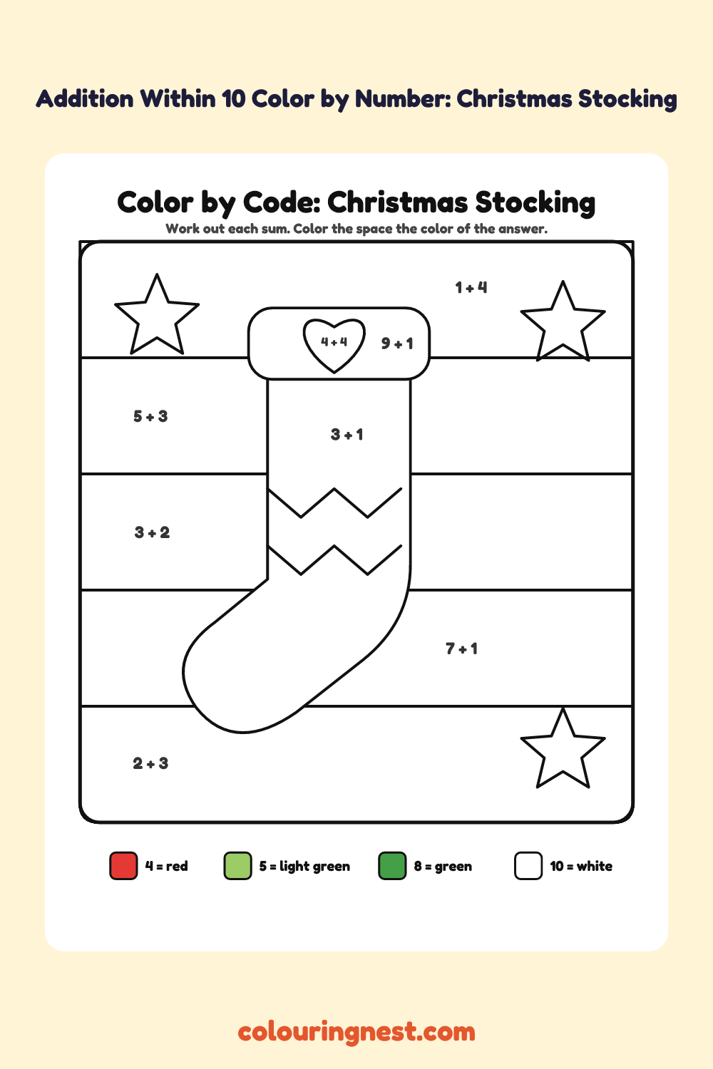 Addition Within 10 Color by Number: Christmas Stocking: a picture split into spaces, each labelled with a code, and a color key