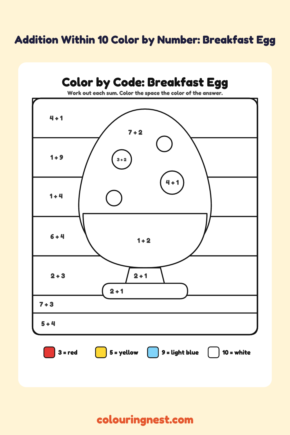 Addition Within 10 Color by Number: Breakfast Egg: a picture split into spaces, each labelled with a code, and a color key