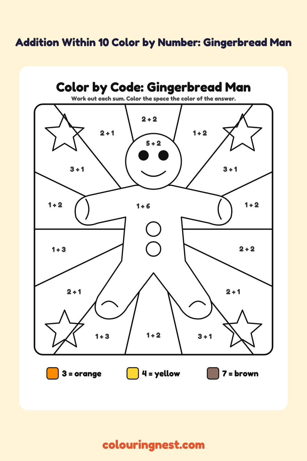 Addition Within 10 Color by Number: Gingerbread Man: a picture split into spaces, each labelled with a code, and a color key