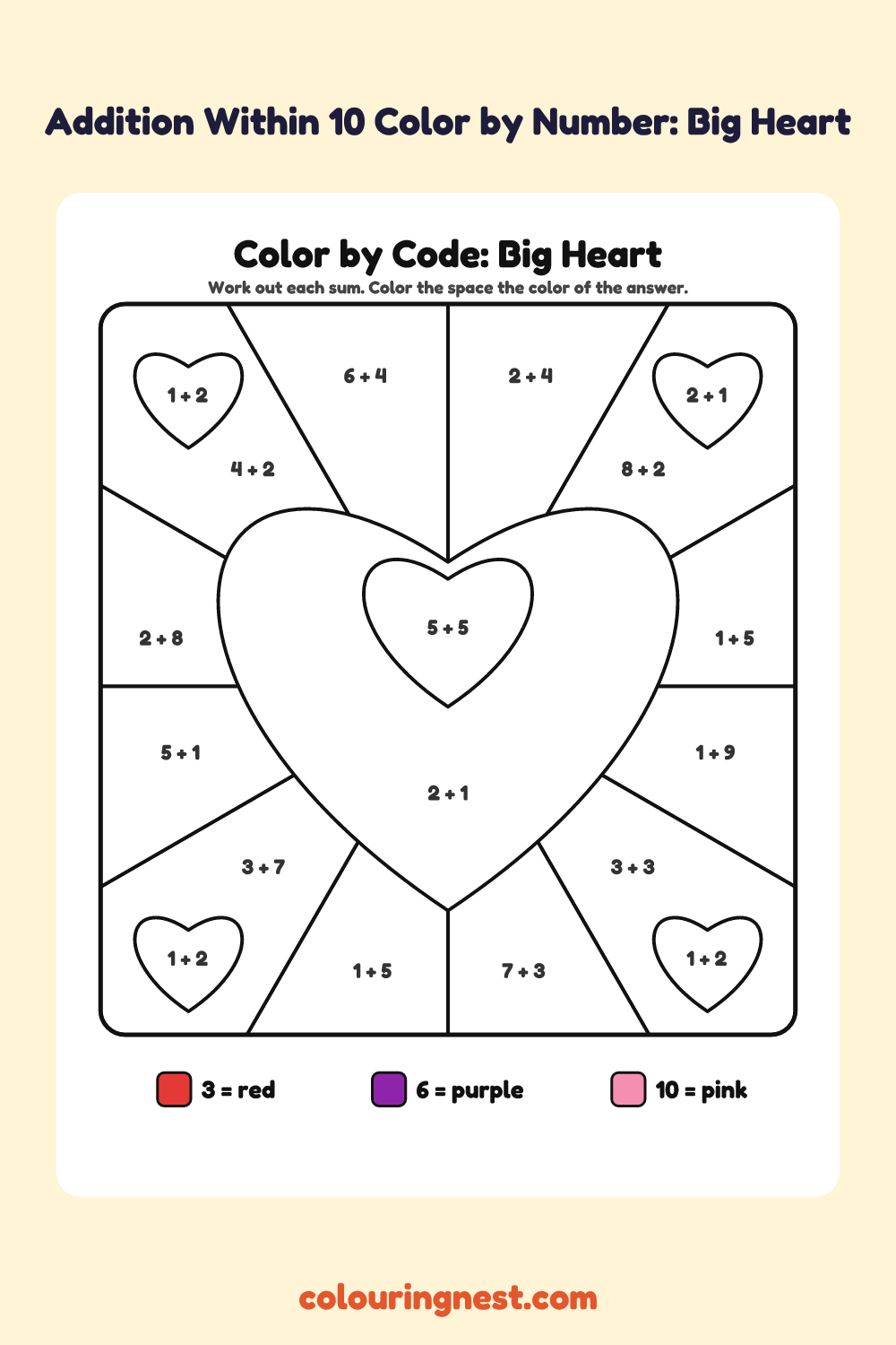 Addition Within 10 Color by Number: Big Heart: a picture split into spaces, each labelled with a code, and a color key