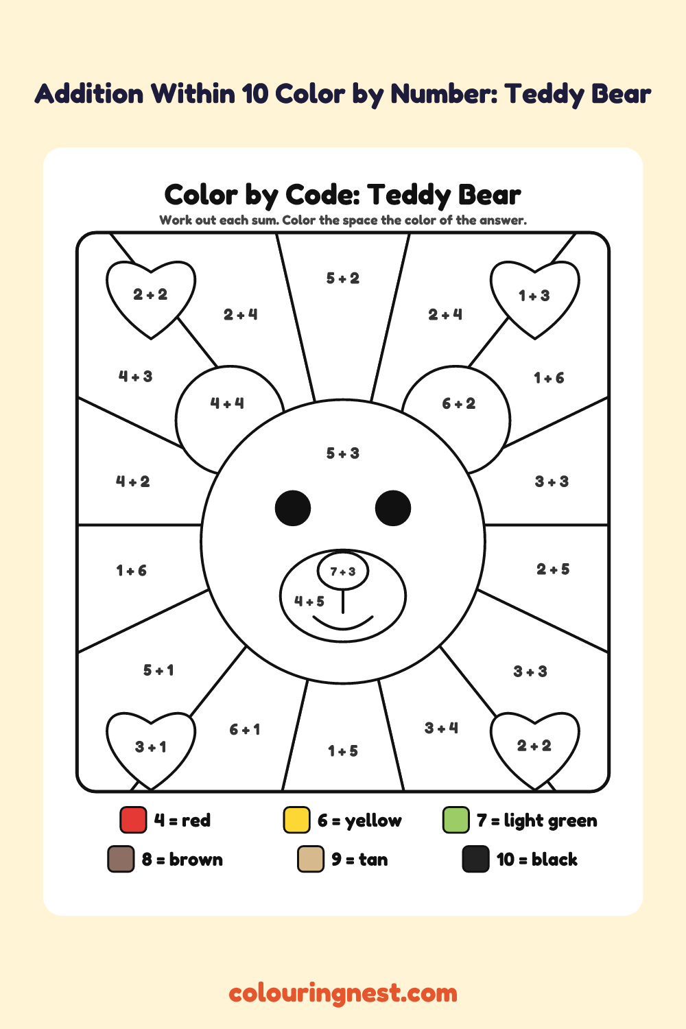 Addition Within 10 Color by Number: Teddy Bear: a picture split into spaces, each labelled with a code, and a color key