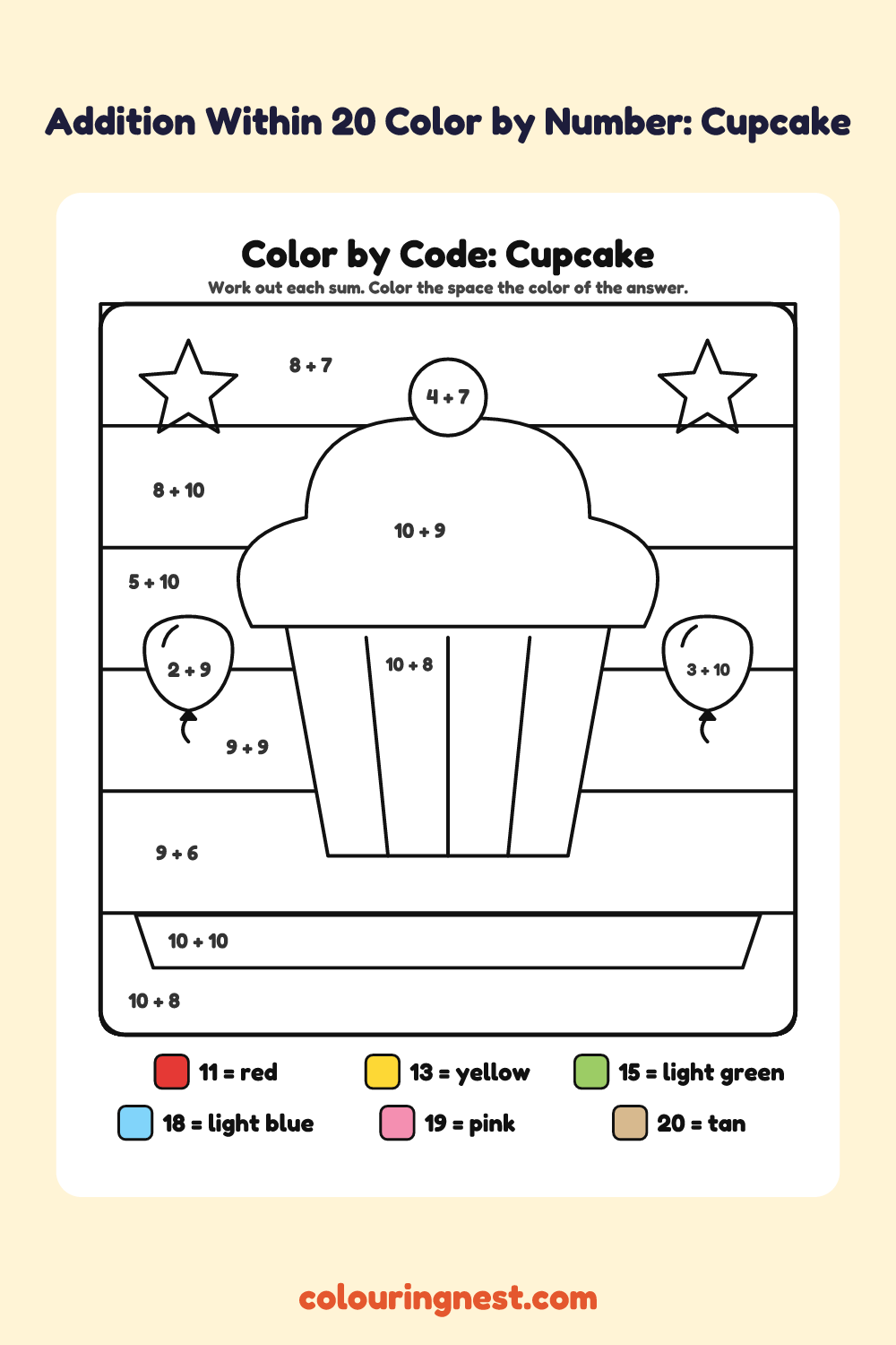 Addition Within 20 Color by Number: Cupcake: a picture split into spaces, each labelled with a code, and a color key