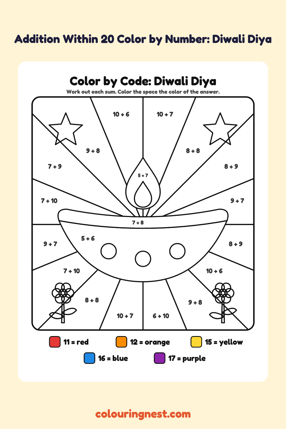 Addition Within 20 Color by Number: Diwali Diya: a picture split into spaces, each labelled with a code, and a color key