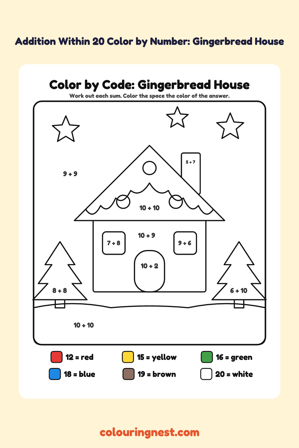 Addition Within 20 Color by Number: Gingerbread House: a picture split into spaces, each labelled with a code, and a color key