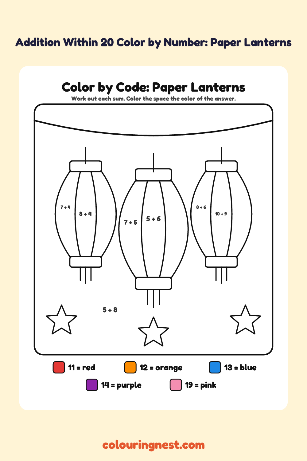 Addition Within 20 Color by Number: Paper Lanterns: a picture split into spaces, each labelled with a code, and a color key