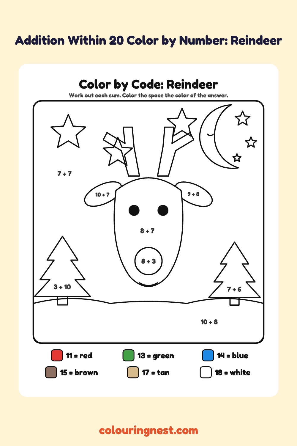 Addition Within 20 Color by Number: Reindeer: a picture split into spaces, each labelled with a code, and a color key