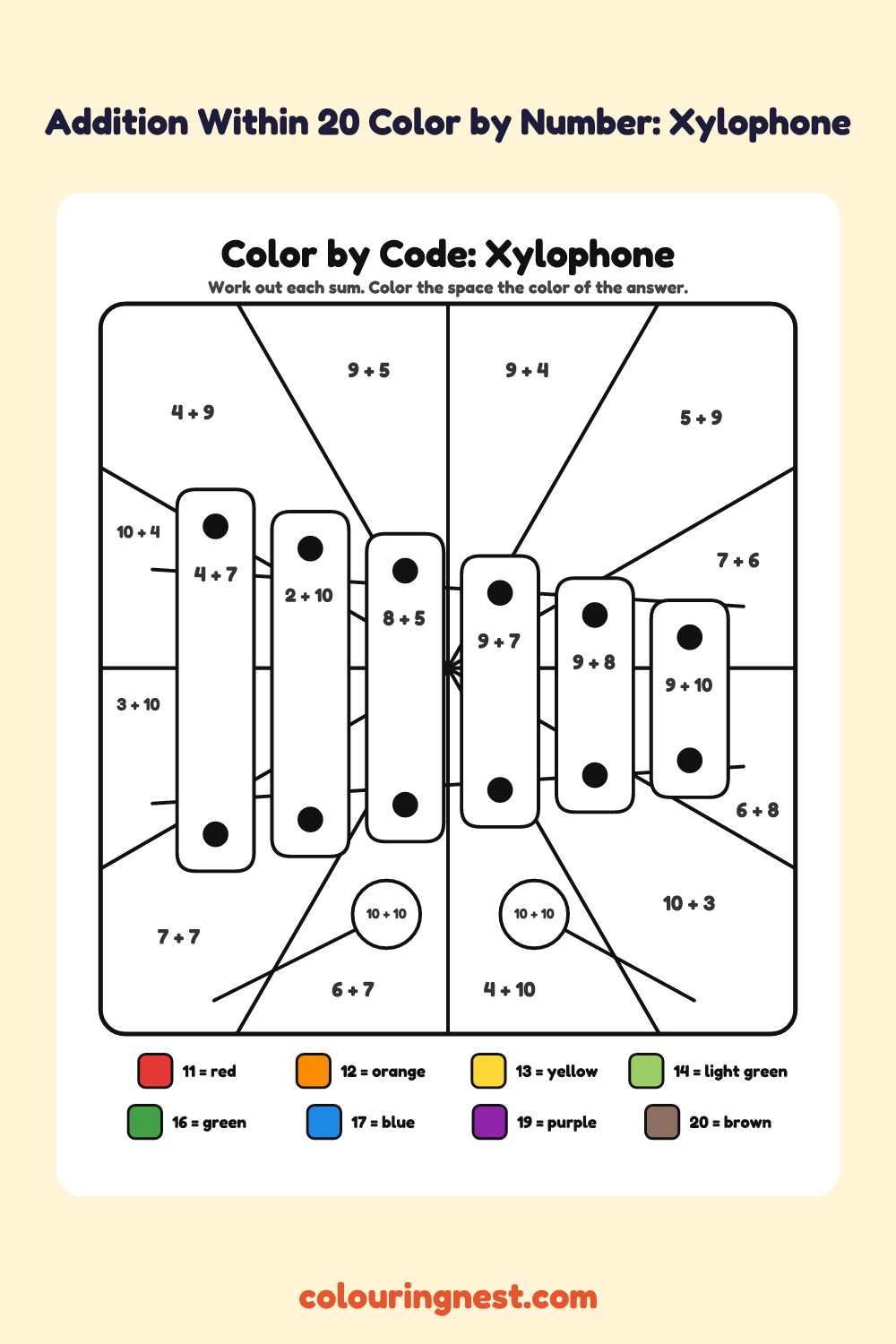 Addition Within 20 Color by Number: Xylophone: a picture split into spaces, each labelled with a code, and a color key