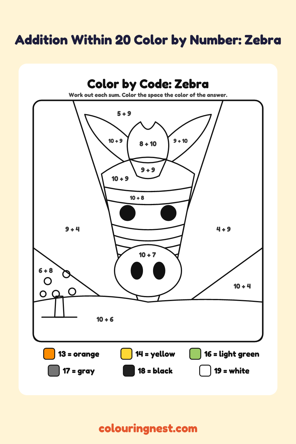 Addition Within 20 Color by Number: Zebra: a picture split into spaces, each labelled with a code, and a color key