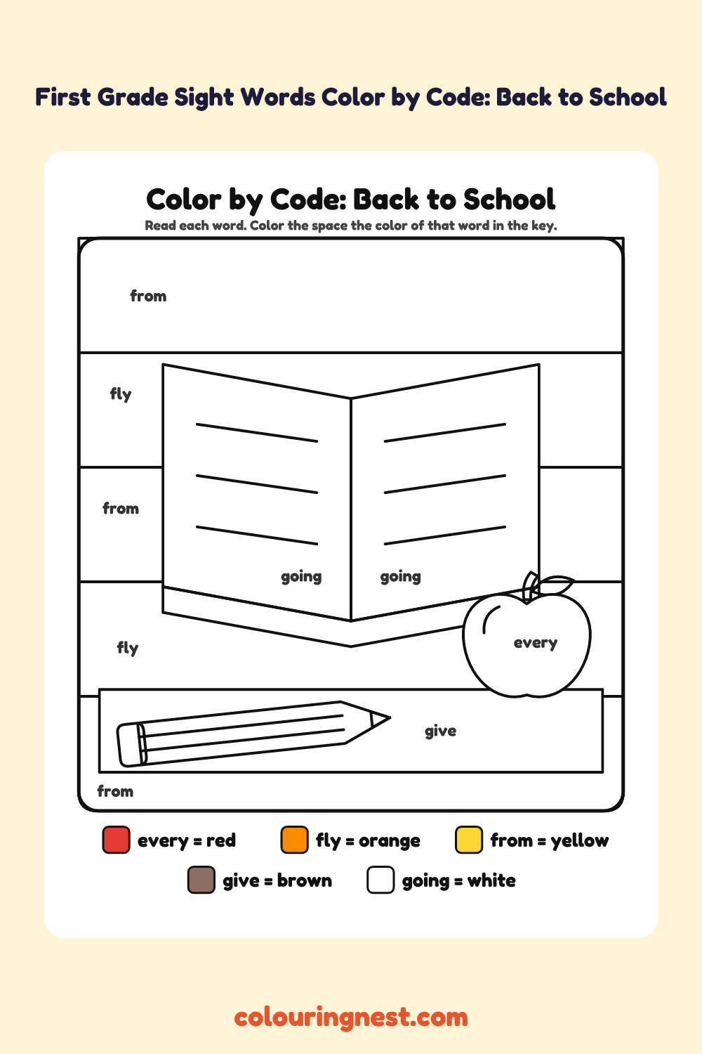 First Grade Sight Words Color by Code: Back to School: a picture split into spaces, each labelled with a code, and a color key