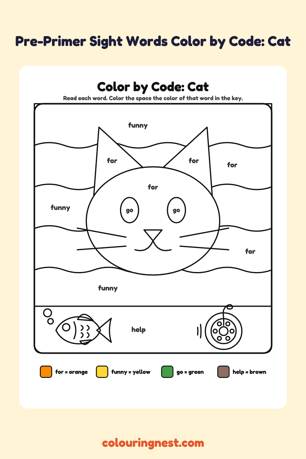 Pre-Primer Sight Words Color by Code: Cat: a picture split into spaces, each labelled with a code, and a color key