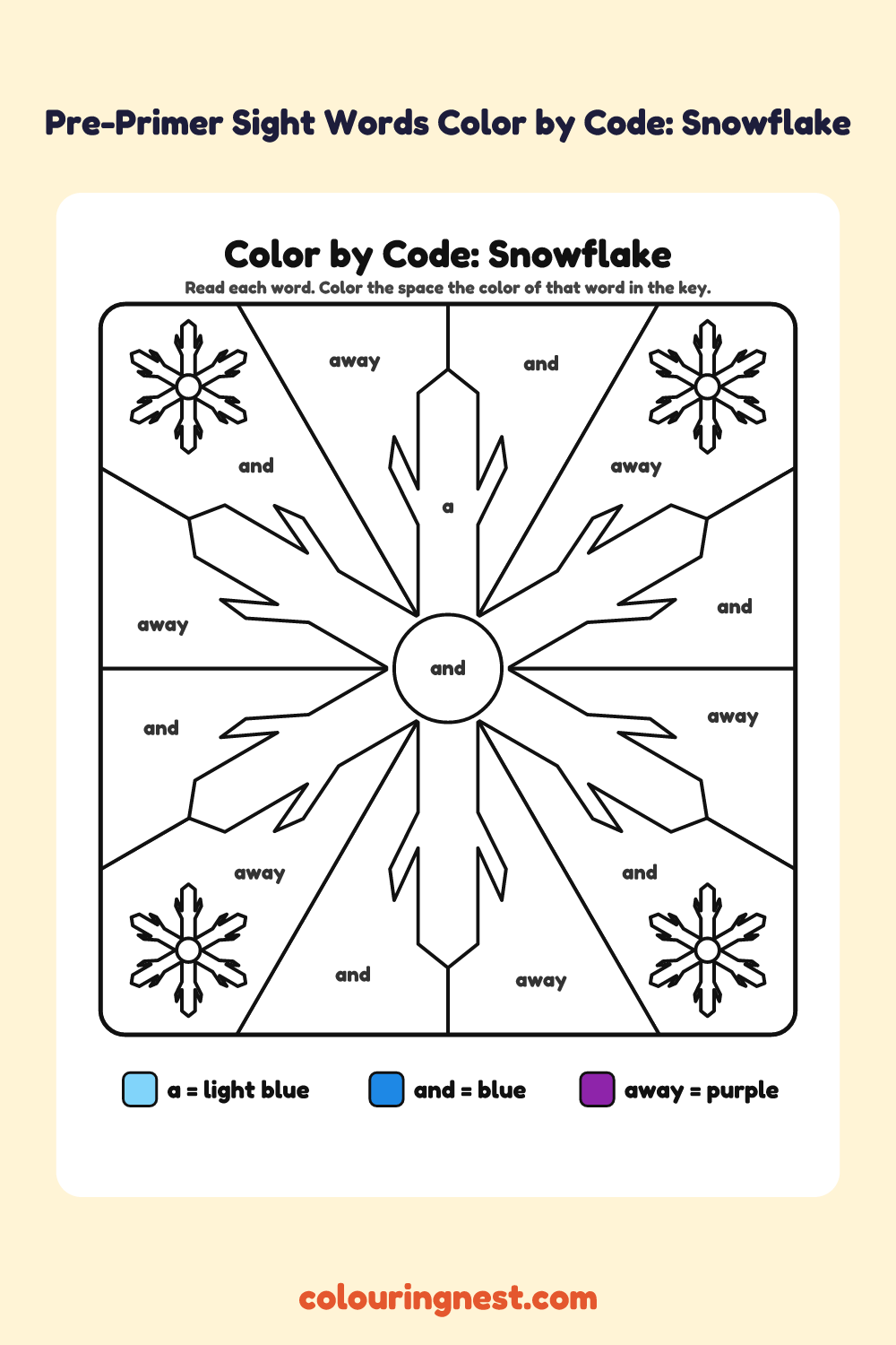 Pre-Primer Sight Words Color by Code: Snowflake: a picture split into spaces, each labelled with a code, and a color key