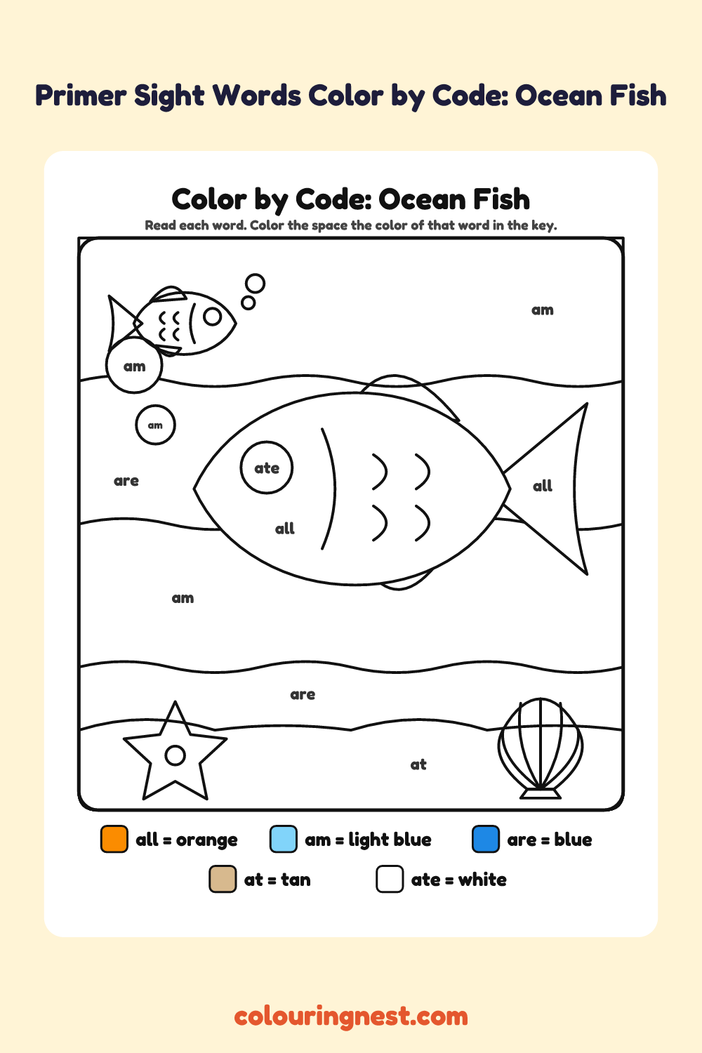 Primer Sight Words Color by Code: Ocean Fish: a picture split into spaces, each labelled with a code, and a color key