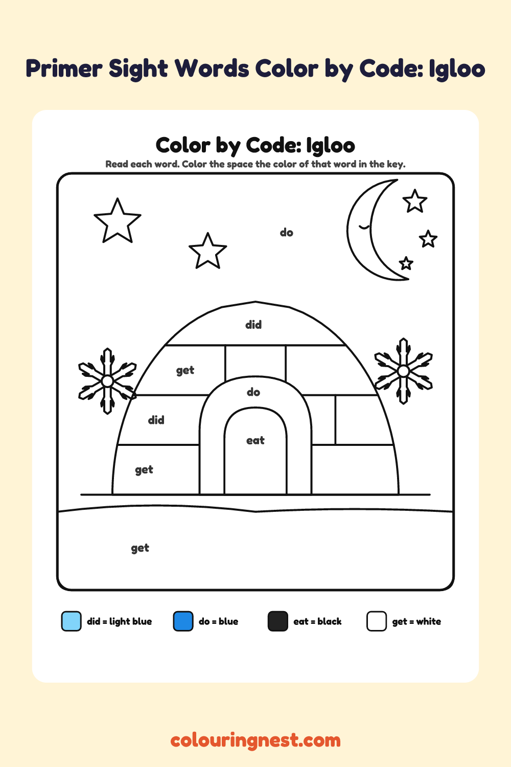Primer Sight Words Color by Code: Igloo: a picture split into spaces, each labelled with a code, and a color key