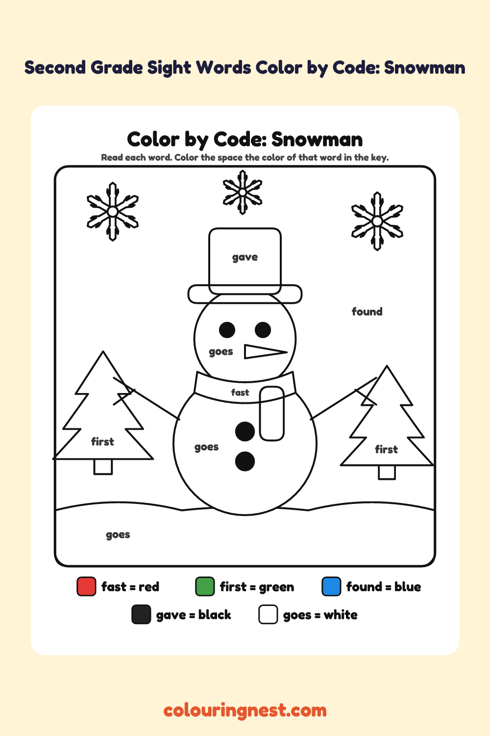 Second Grade Sight Words Color by Code: Snowman: a picture split into spaces, each labelled with a code, and a color key