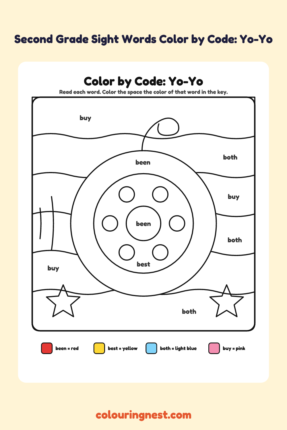 Second Grade Sight Words Color by Code: Yo-Yo: a picture split into spaces, each labelled with a code, and a color key