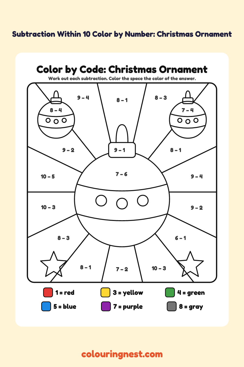 Subtraction Within 10 Color by Number: Christmas Ornament: a picture split into spaces, each labelled with a code, and a color key