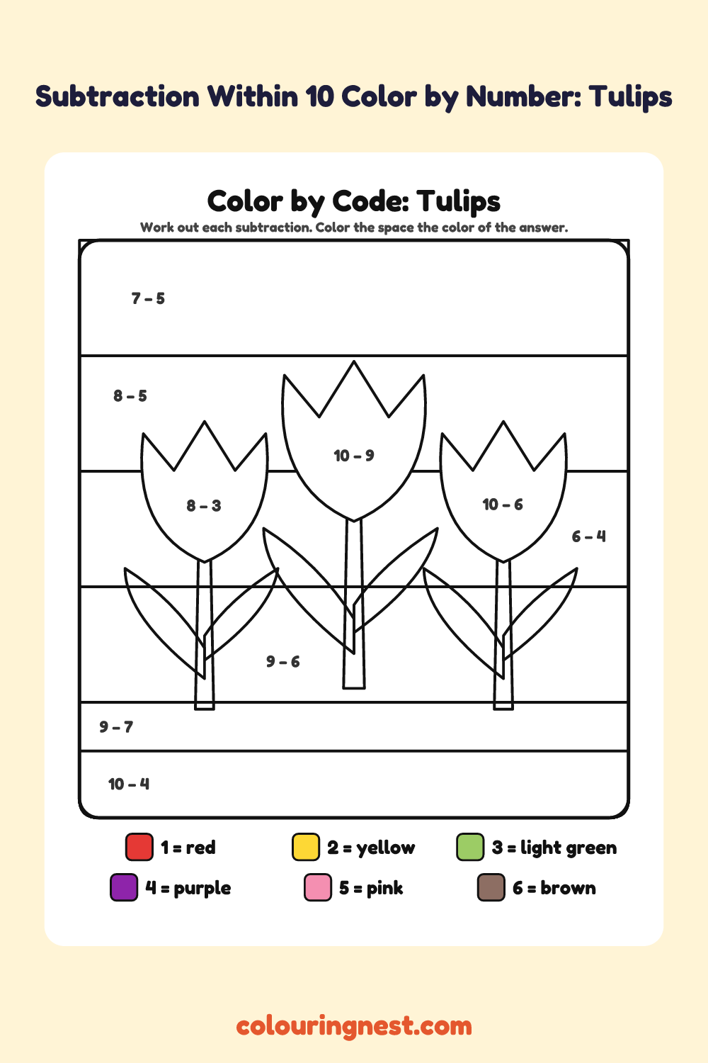 Subtraction Within 10 Color by Number: Tulips: a picture split into spaces, each labelled with a code, and a color key