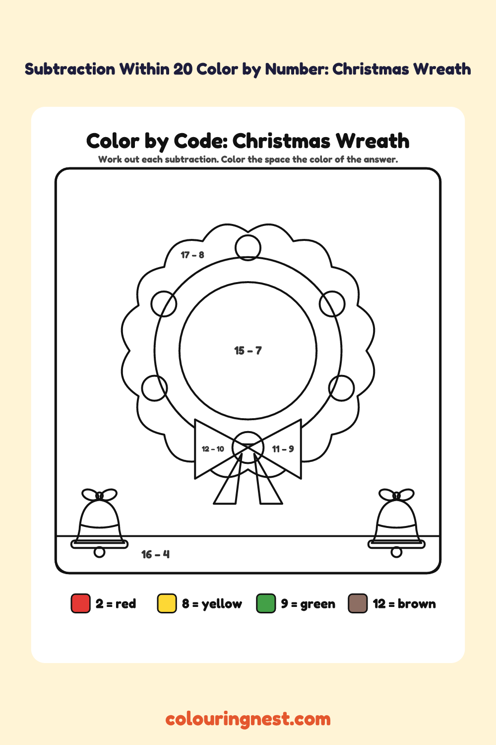Subtraction Within 20 Color by Number: Christmas Wreath: a picture split into spaces, each labelled with a code, and a color key