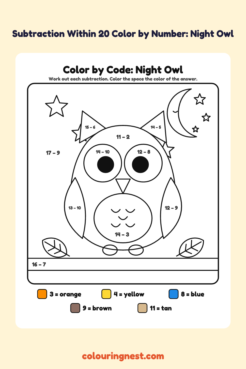 Subtraction Within 20 Color by Number: Night Owl: a picture split into spaces, each labelled with a code, and a color key