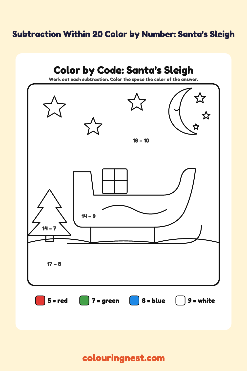 Subtraction Within 20 Color by Number: Santa's Sleigh: a picture split into spaces, each labelled with a code, and a color key