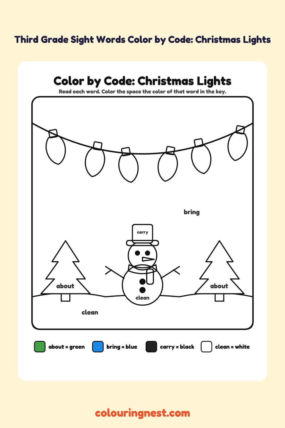 Third Grade Sight Words Color by Code: Christmas Lights: a picture split into spaces, each labelled with a code, and a color key