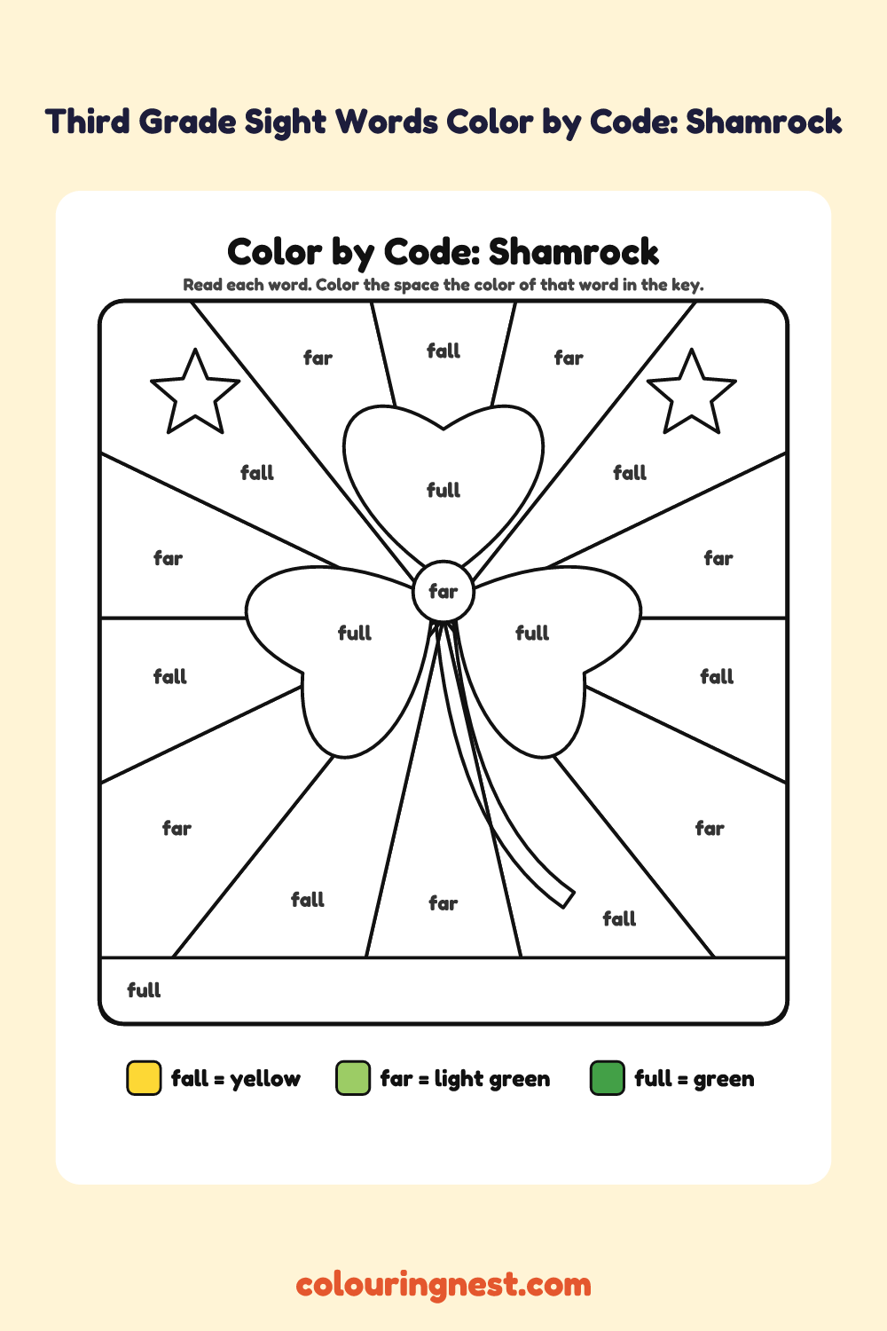Third Grade Sight Words Color by Code: Shamrock: a picture split into spaces, each labelled with a code, and a color key