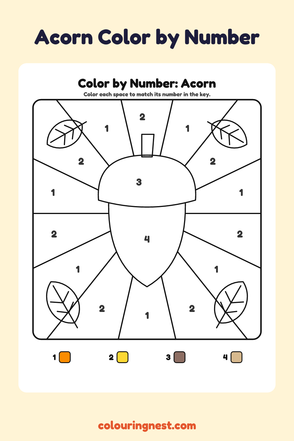 Acorn color by number worksheet with numbered spaces and a color key