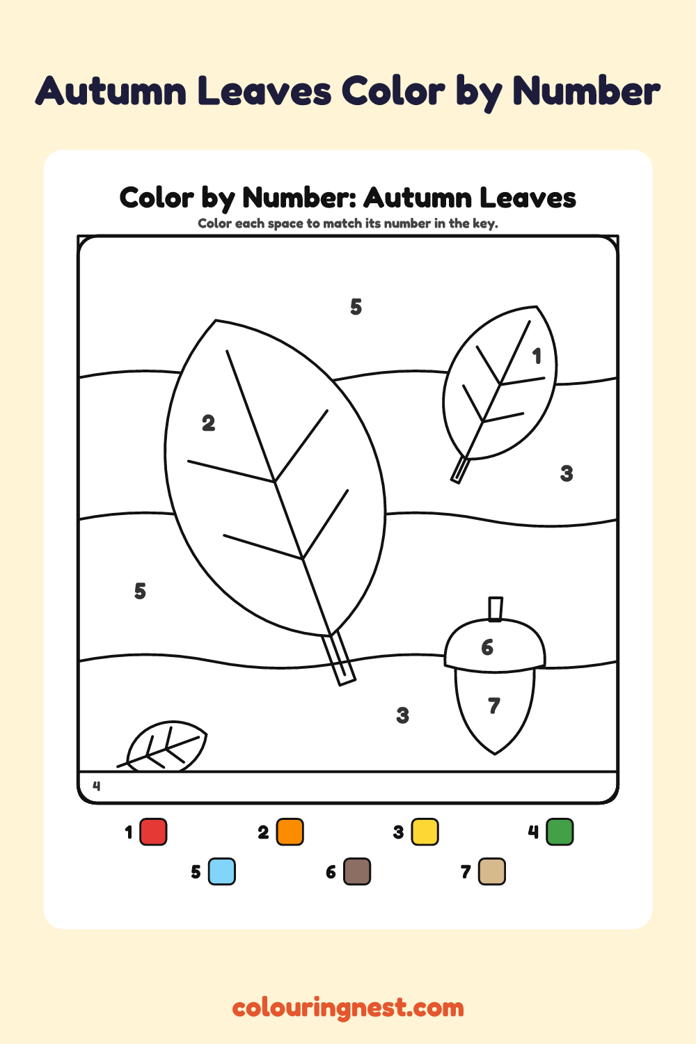 Autumn Leaves color by number worksheet with numbered spaces and a color key