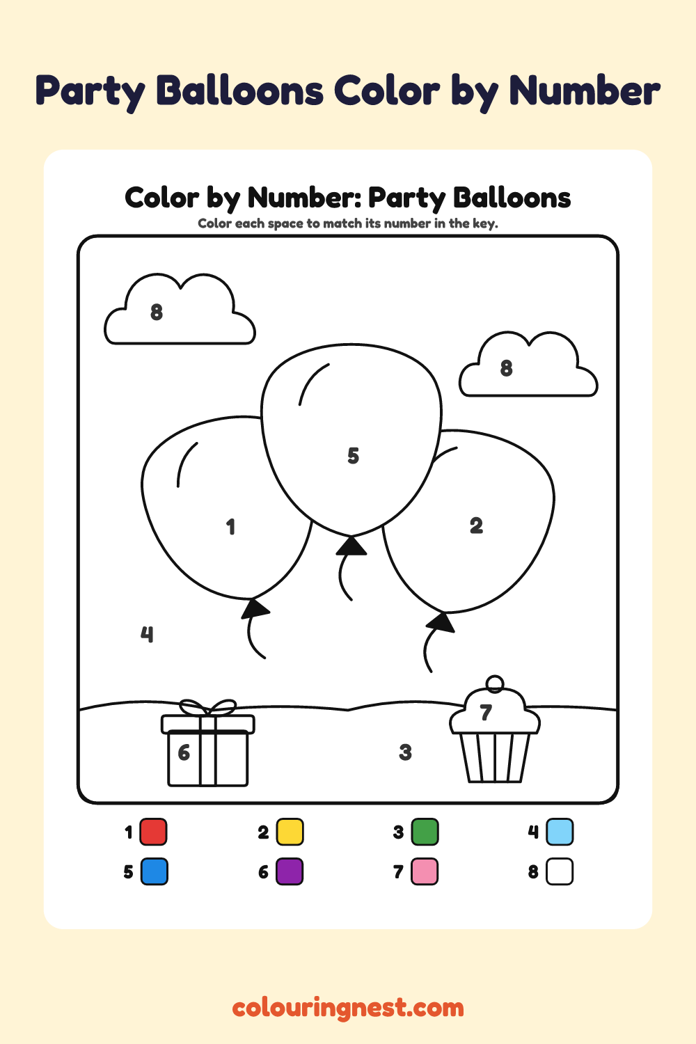 Party Balloons color by number worksheet with numbered spaces and a color key