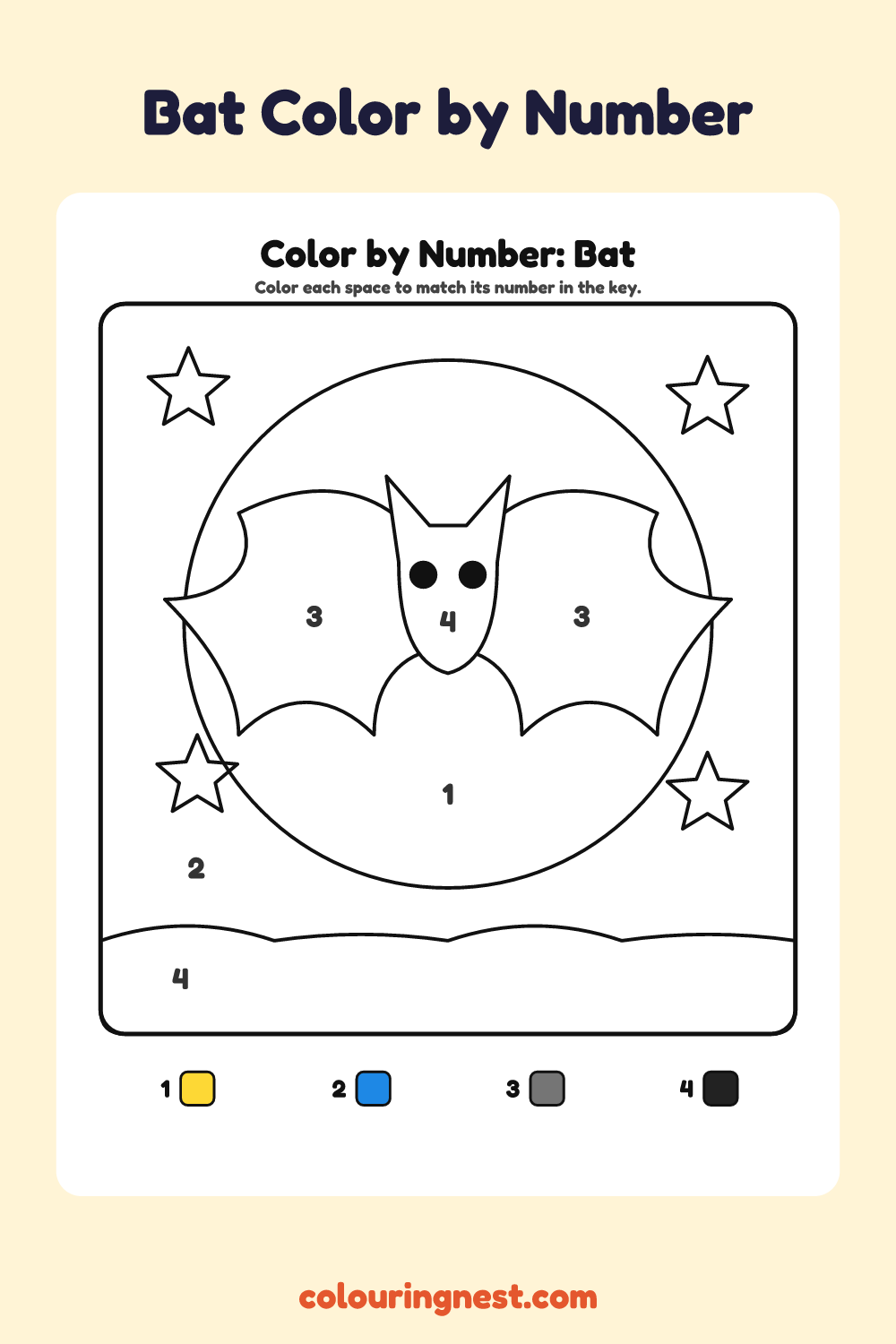 Bat color by number worksheet with numbered spaces and a color key