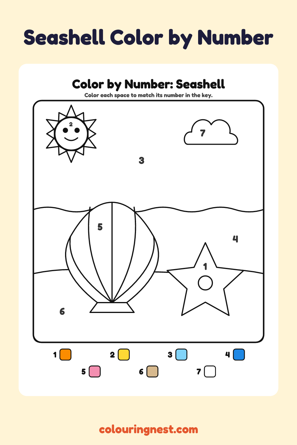 Seashell color by number worksheet with numbered spaces and a color key