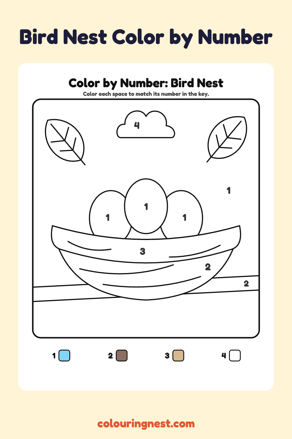 Bird Nest color by number worksheet with numbered spaces and a color key