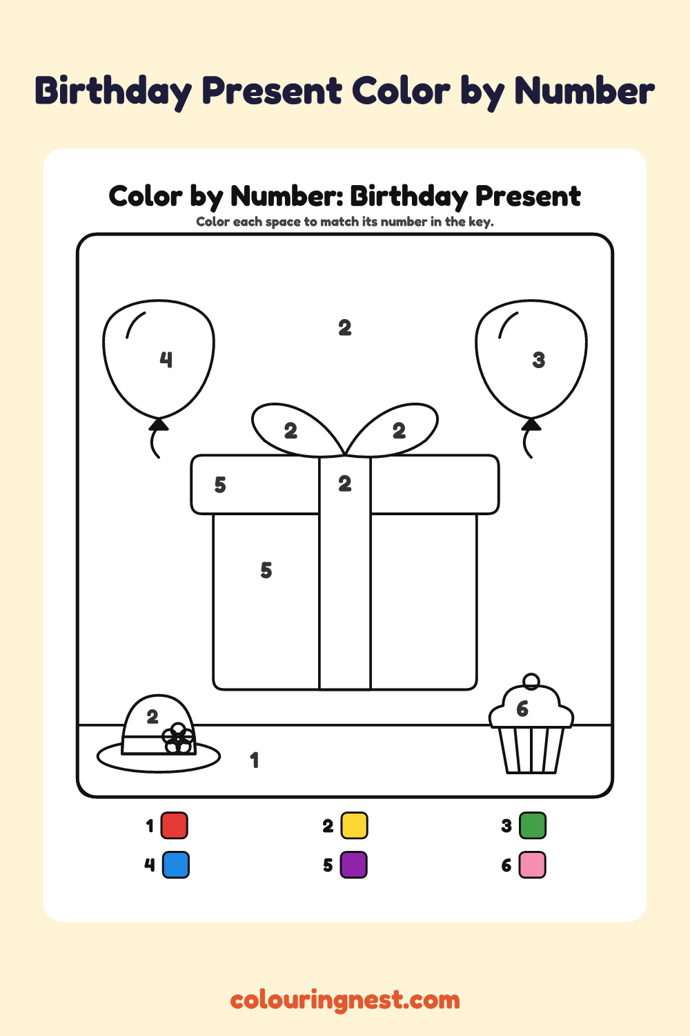 Birthday Present color by number worksheet with numbered spaces and a color key