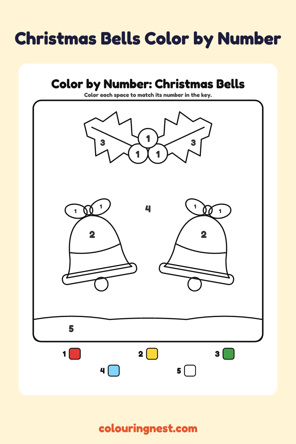Christmas Bells color by number worksheet with numbered spaces and a color key