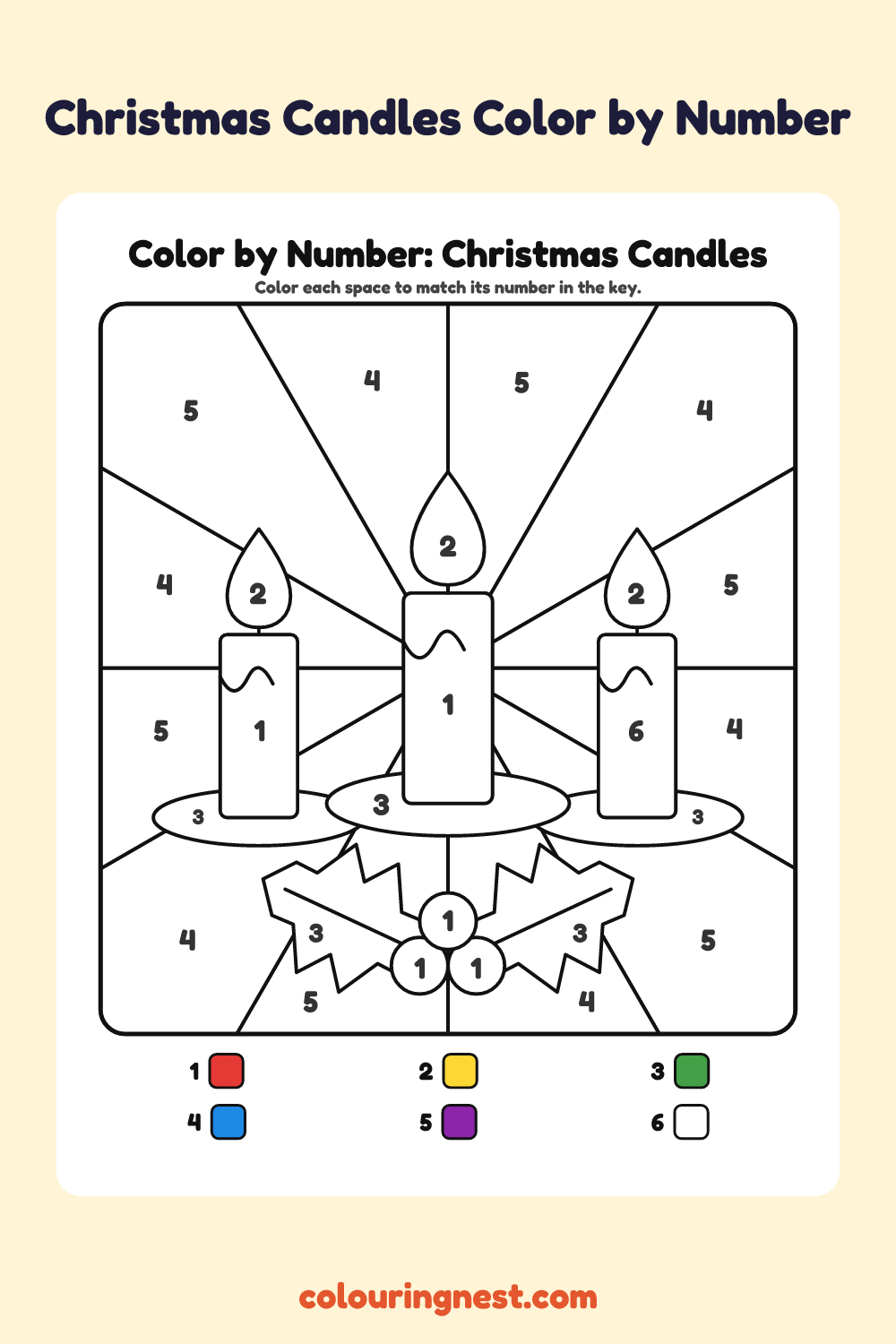 Christmas Candles color by number worksheet with numbered spaces and a color key