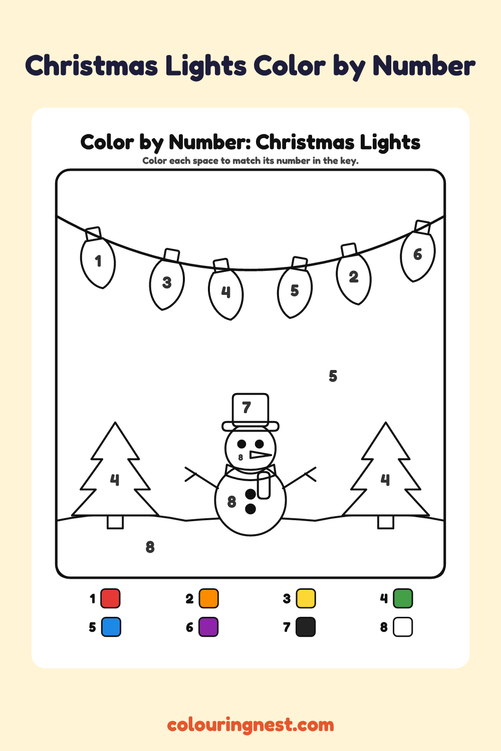 Christmas Lights color by number worksheet with numbered spaces and a color key