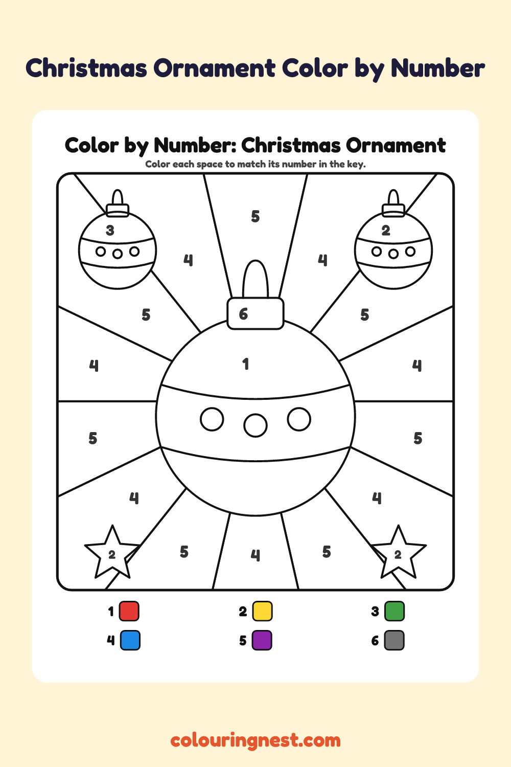 Christmas Ornament color by number worksheet with numbered spaces and a color key