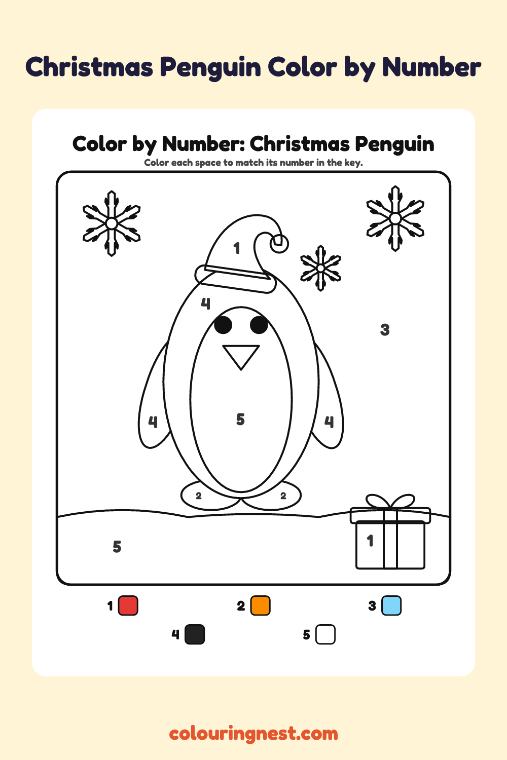 Christmas Penguin color by number worksheet with numbered spaces and a color key