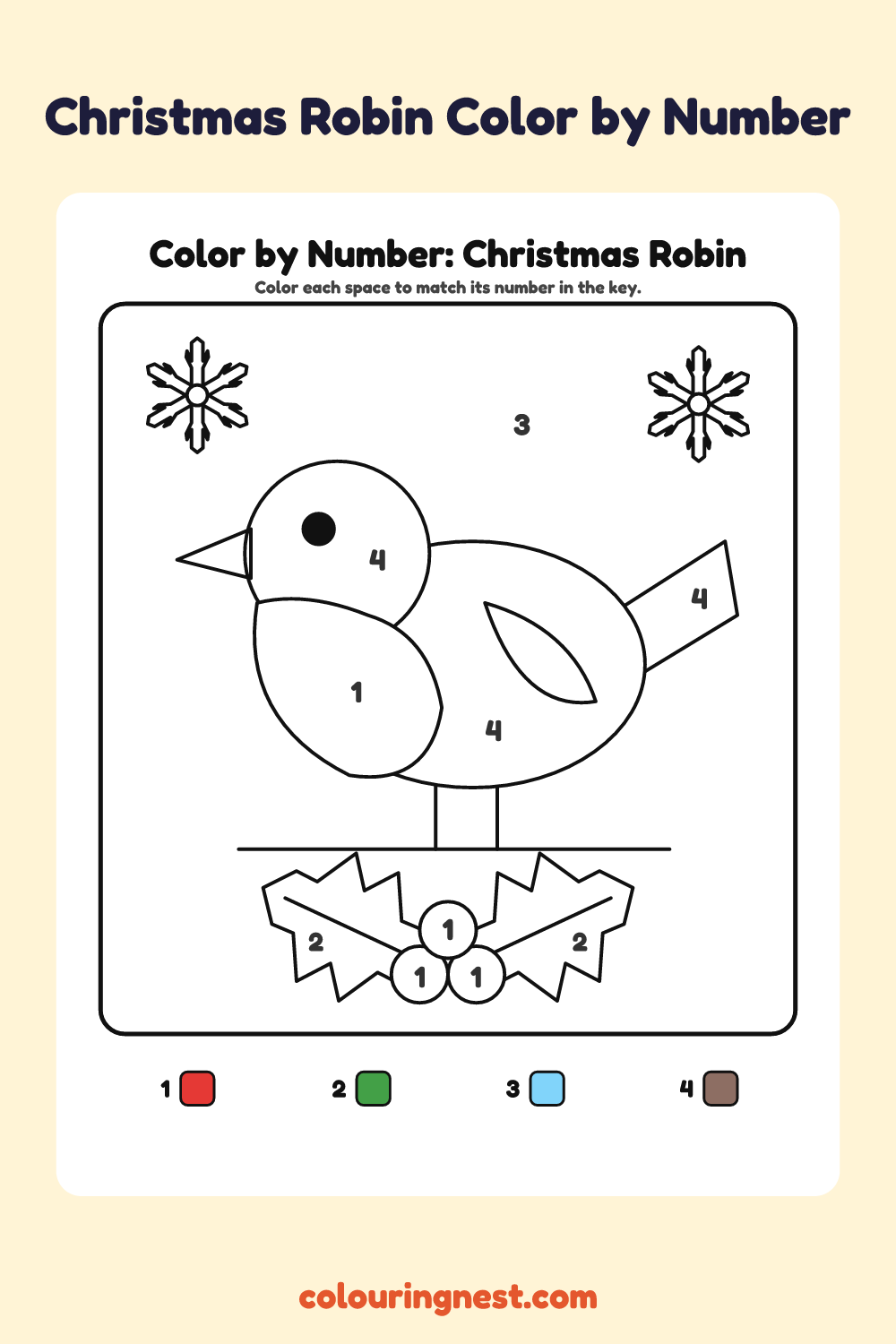 Christmas Robin color by number worksheet with numbered spaces and a color key