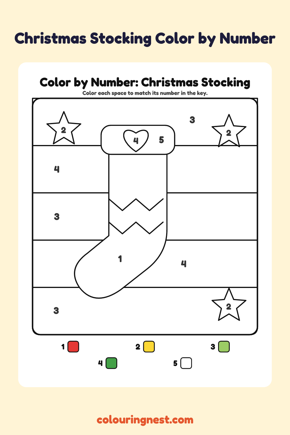 Christmas Stocking color by number worksheet with numbered spaces and a color key