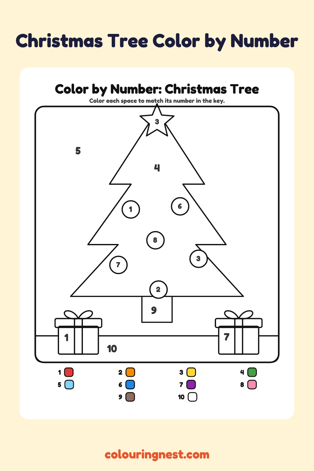 Christmas Tree color by number worksheet with numbered spaces and a color key