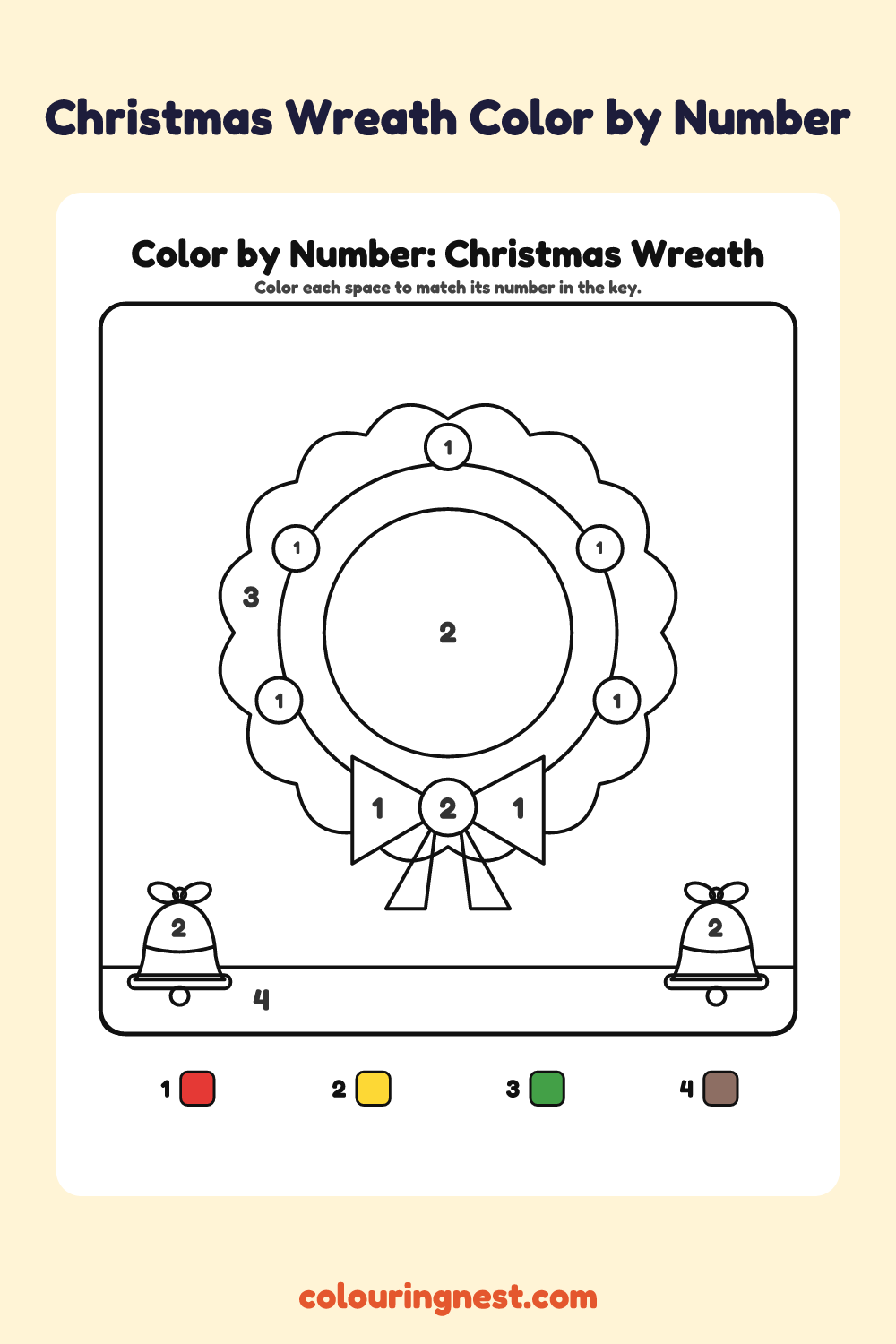 Christmas Wreath color by number worksheet with numbered spaces and a color key