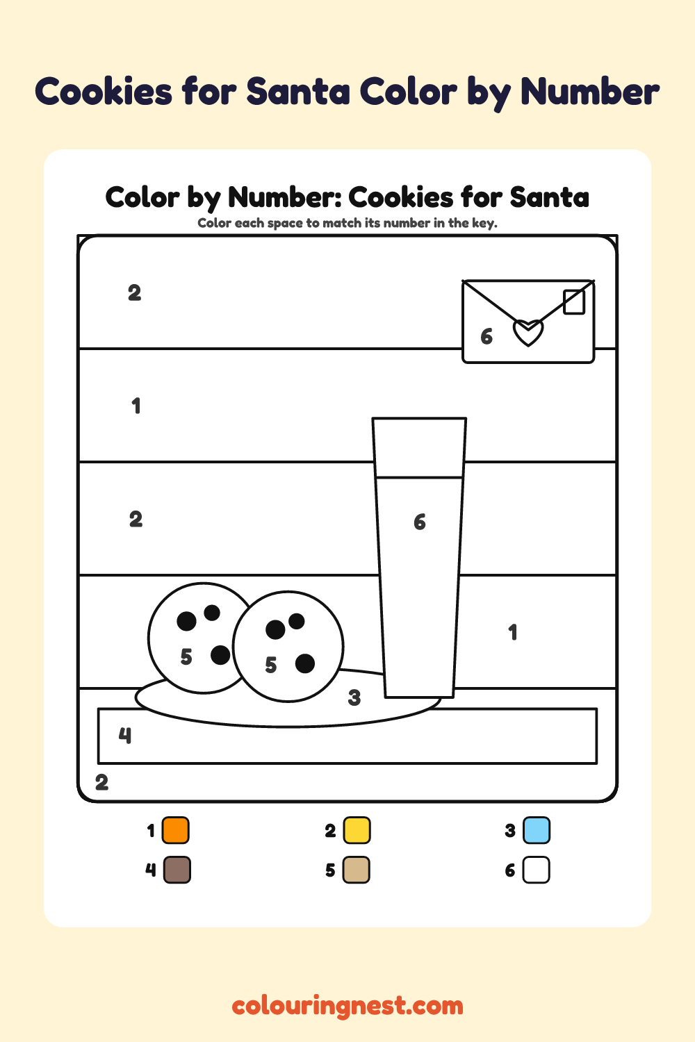 Cookies for Santa color by number worksheet with numbered spaces and a color key