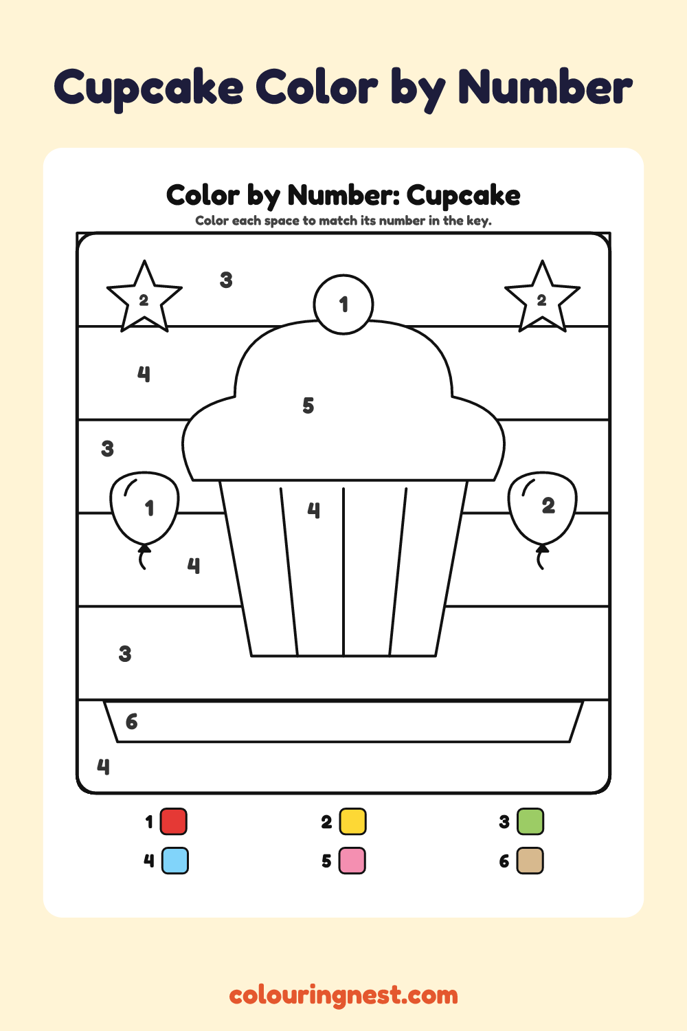 Cupcake color by number worksheet with numbered spaces and a color key